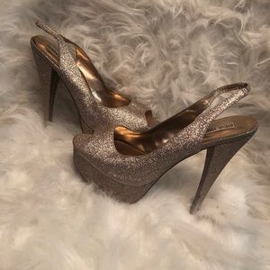 Steve Madden gold sparkly platform sling backs